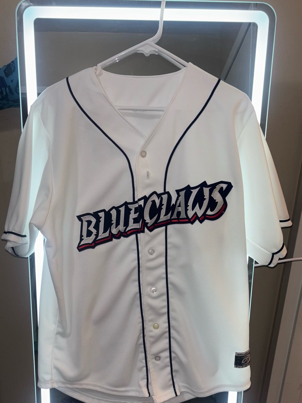 White "BLUECLAWS" Baseball Jersey with Navy & Red Detailing